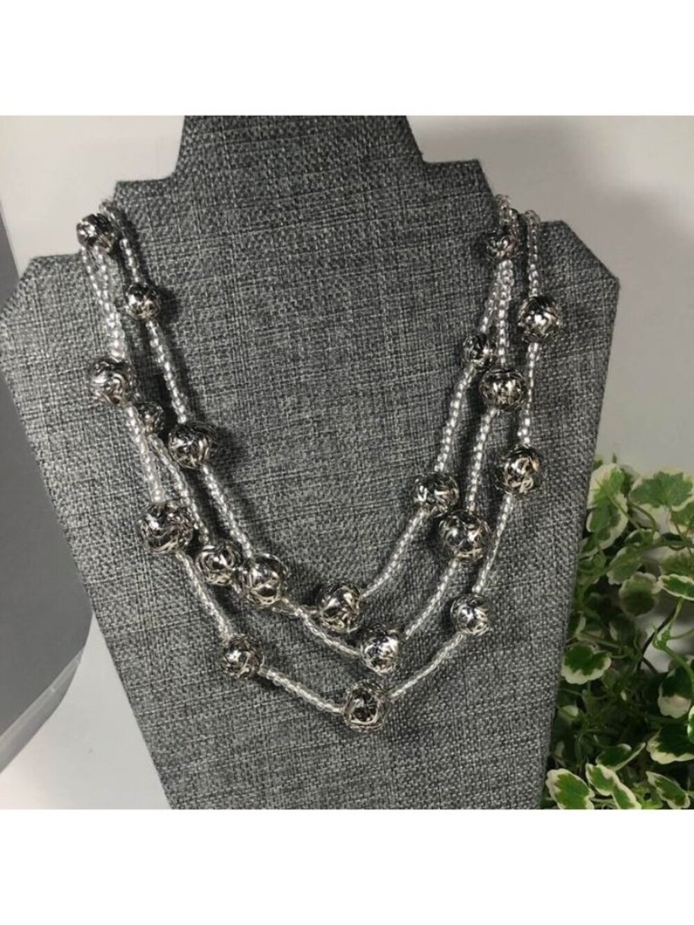 Cookie Lee Multi Strand Necklace Silver Tone Filigree Balls Clear Glass Beads